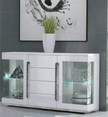 Elise White High Gloss Grey Glass Door Sideboard Furniture with LED Lights and Drawers - UK Luxury Furniture